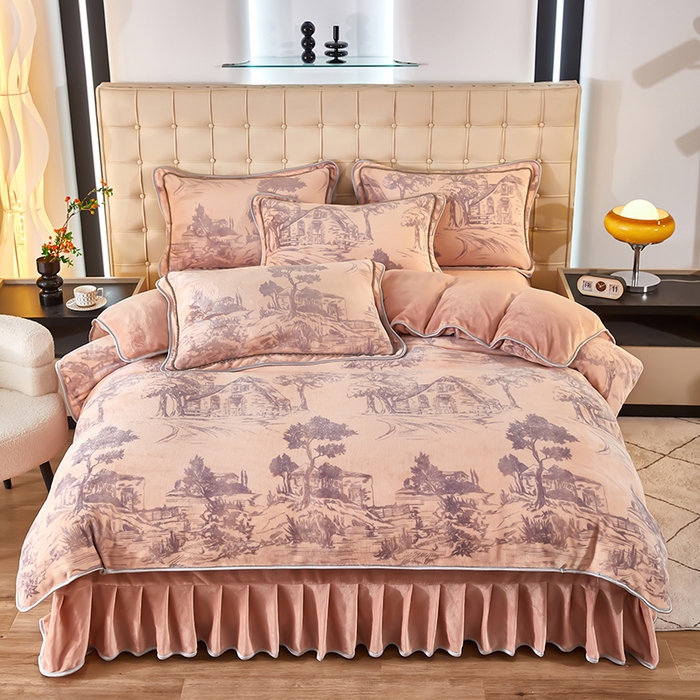 91家纺网 家纺一手货源 找家纺 栩裕 2025新款7斤重牛奶金貂绒印花牛奶绒四件套 水墨江南