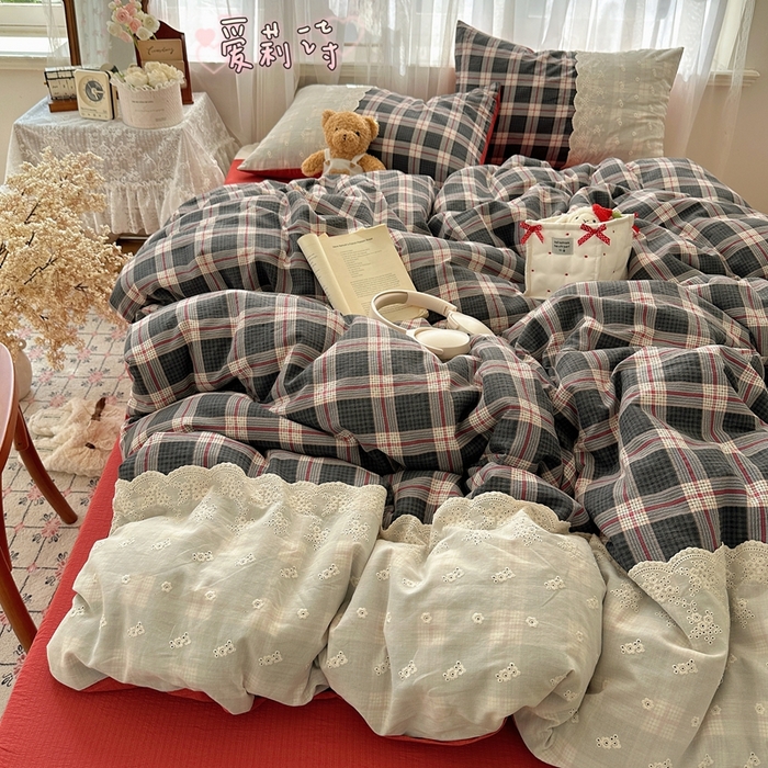 91家纺网 家纺一手货源 找家纺 （总）顾里家纺 2025新款韩系ins复古蕾丝格纹套件四件套