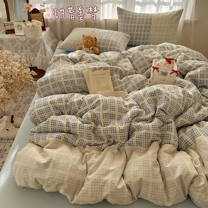 顾里家纺 2025新款韩系ins复古蕾丝格纹套件四件套 甜昔美梦
