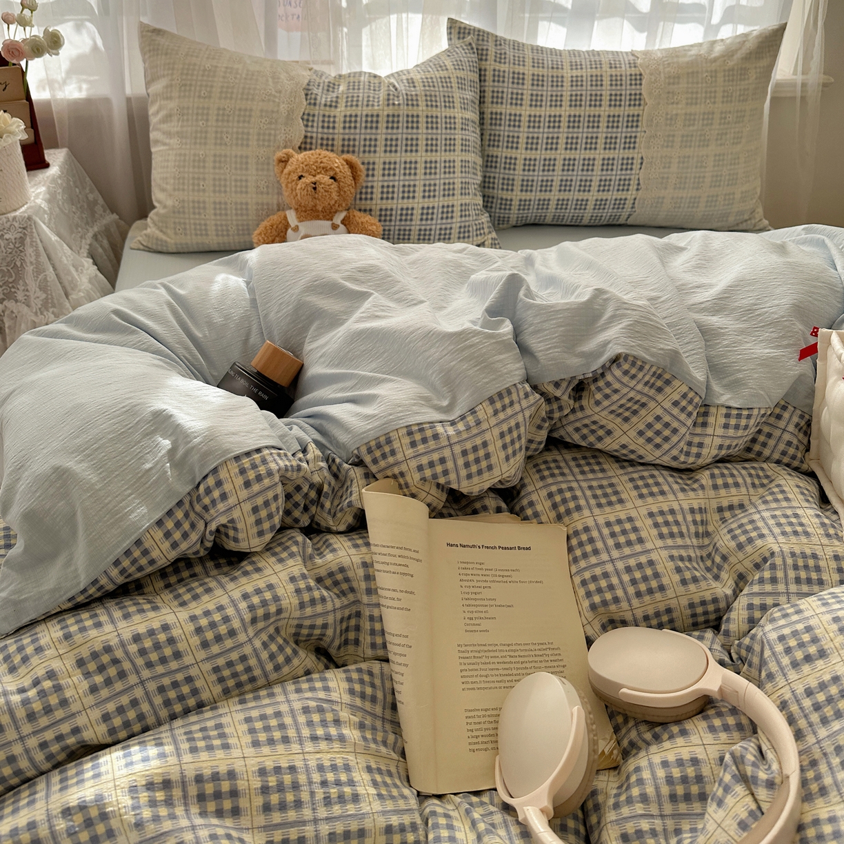 91家纺网 家纺一手货源 找家纺 顾里家纺 2025新款韩系ins复古蕾丝格纹套件四件套 甜昔美梦