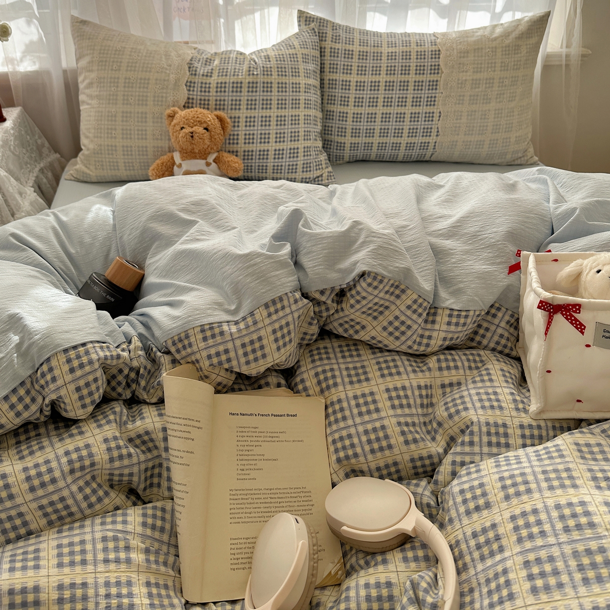 91家纺网 家纺一手货源 找家纺 顾里家纺 2025新款韩系ins复古蕾丝格纹套件四件套 甜昔美梦