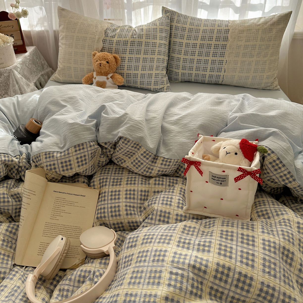 91家纺网 家纺一手货源 找家纺 顾里家纺 2025新款韩系ins复古蕾丝格纹套件四件套 甜昔美梦