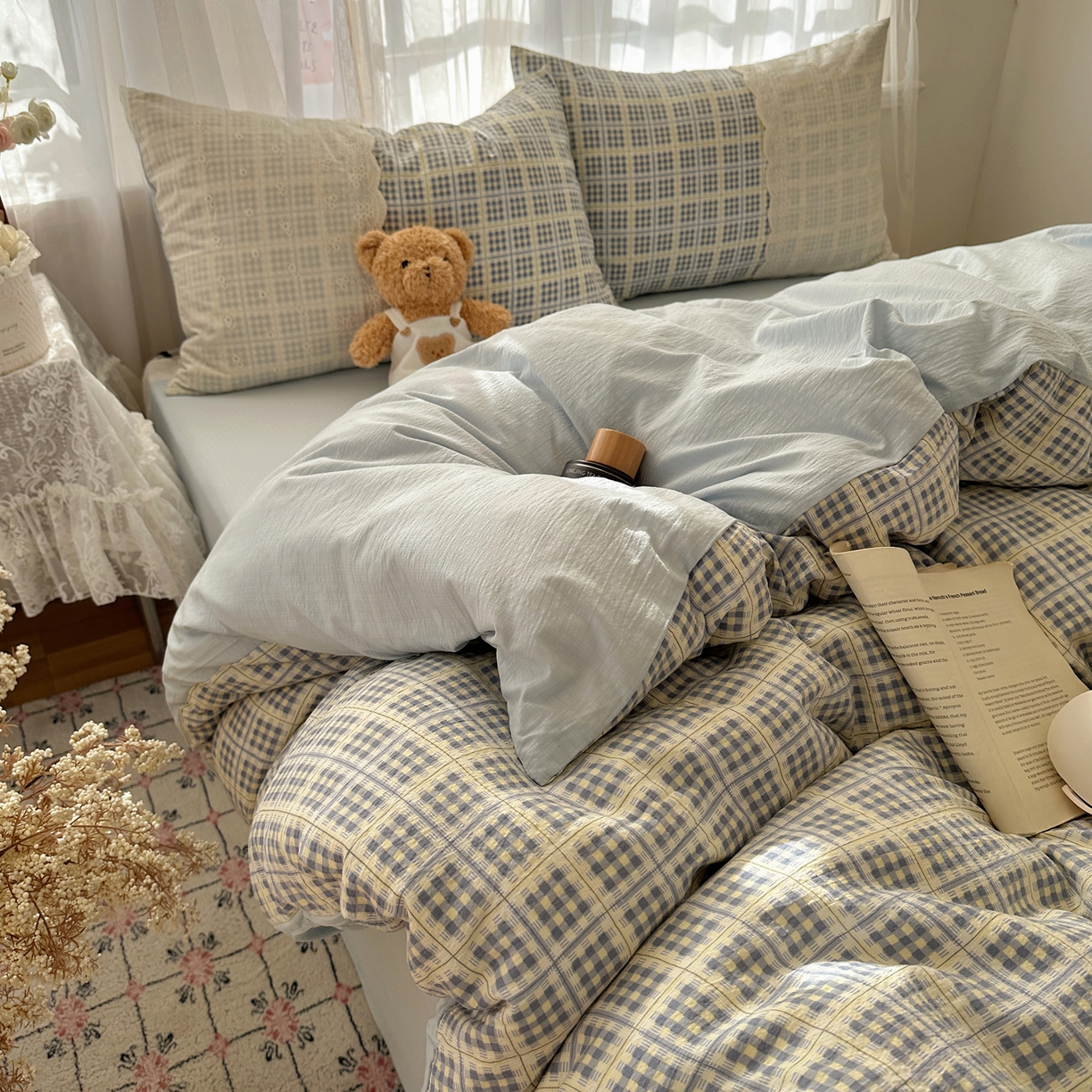 91家纺网 家纺一手货源 找家纺 顾里家纺 2025新款韩系ins复古蕾丝格纹套件四件套 甜昔美梦