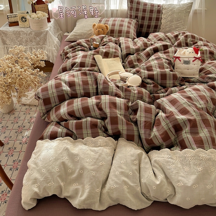 顾里家纺 2025新款韩系ins复古蕾丝格纹套件四件套 星河漫野