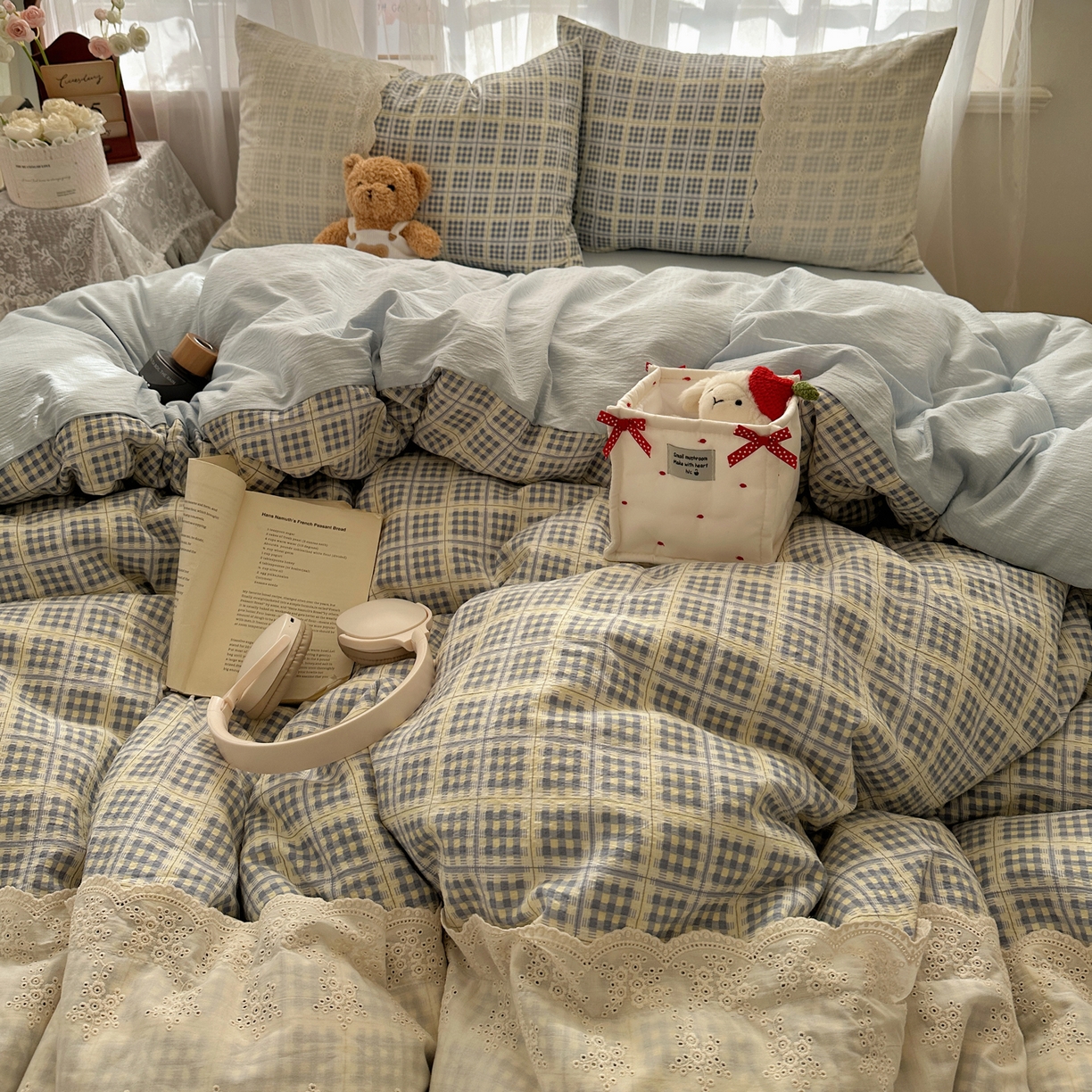 91家纺网 家纺一手货源 找家纺 顾里家纺 2025新款韩系ins复古蕾丝格纹套件四件套 甜昔美梦