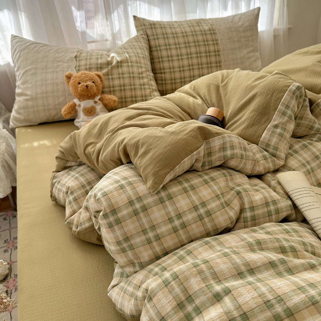 91家纺网 家纺一手货源 找家纺 顾里家纺 2025新款韩系ins复古蕾丝格纹套件四件套 浅草奶盖