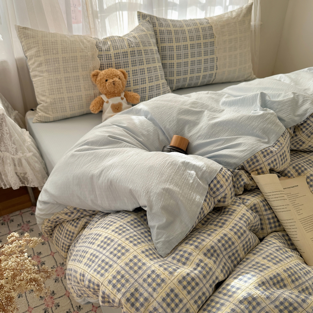 91家纺网 家纺一手货源 找家纺 顾里家纺 2025新款韩系ins复古蕾丝格纹套件四件套 甜昔美梦