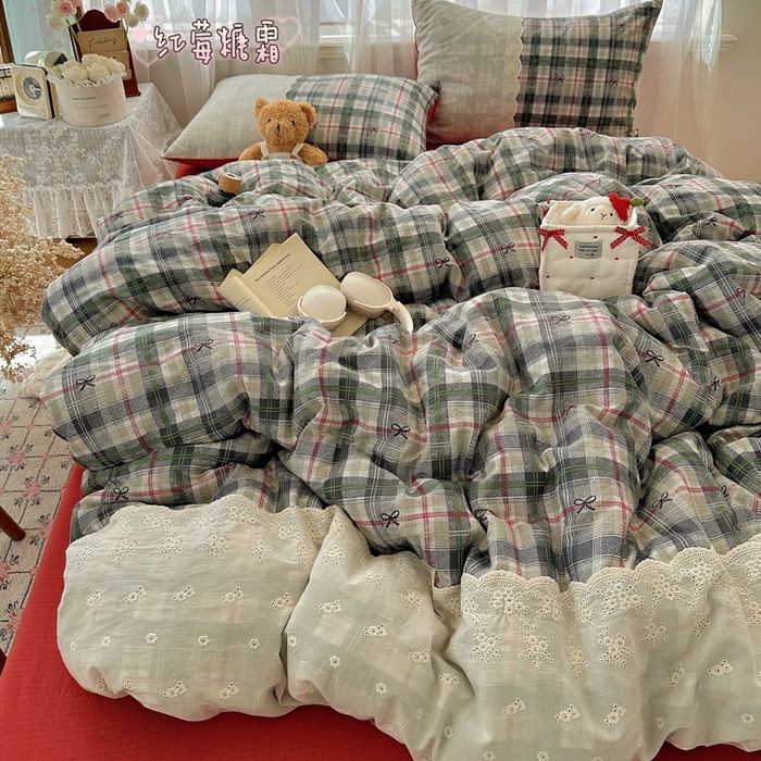 顾里家纺 2025新款韩系ins复古蕾丝格纹套件四件套 红莓糖霜