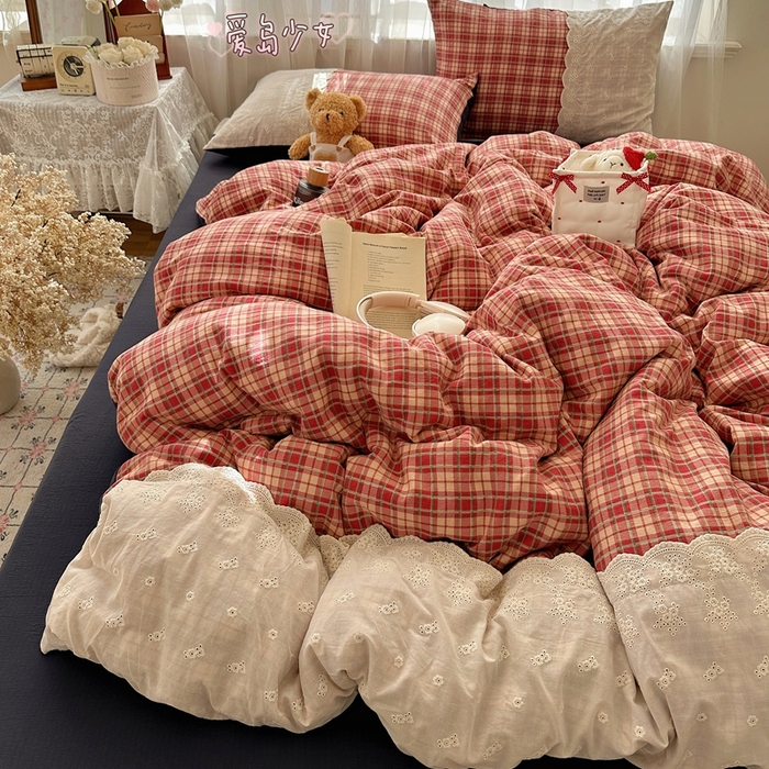 顾里家纺 2025新款韩系ins复古蕾丝格纹套件四件套 爱岛少女