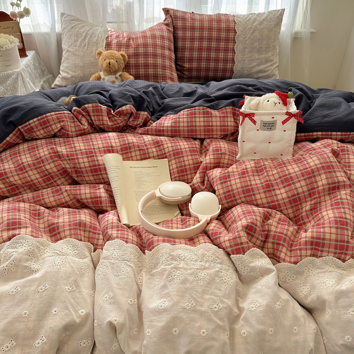 91家纺网 家纺一手货源 找家纺 顾里家纺 2025新款韩系ins复古蕾丝格纹套件四件套 爱岛少女