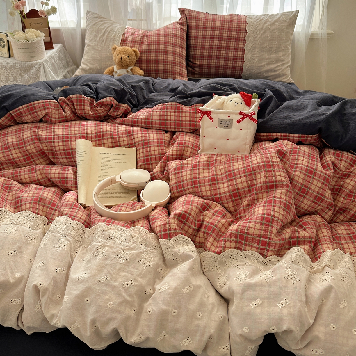 91家纺网 家纺一手货源 找家纺 顾里家纺 2025新款韩系ins复古蕾丝格纹套件四件套 爱岛少女