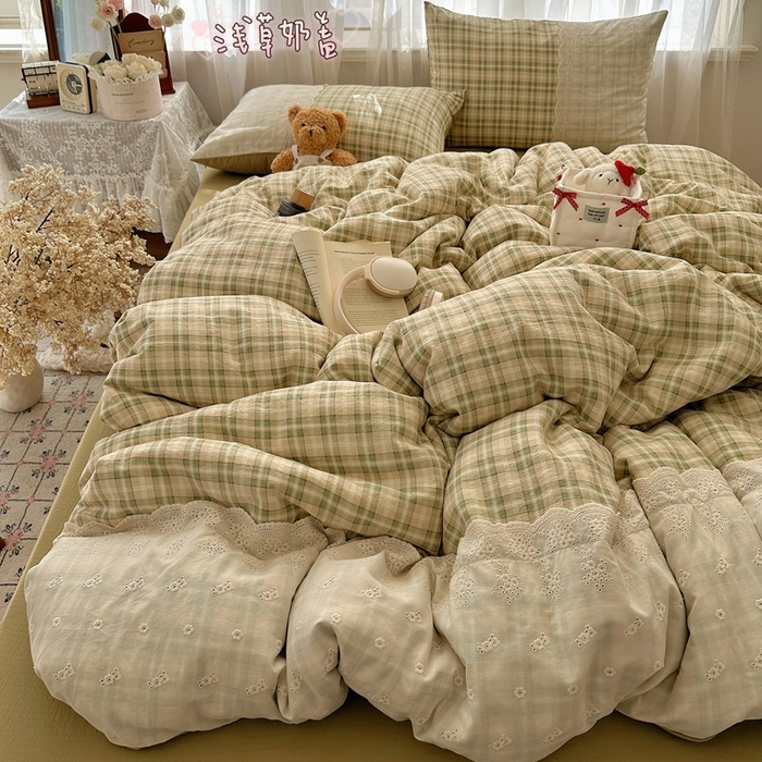 91家纺网 家纺一手货源 找家纺 （总）顾里家纺 2025新款韩系ins复古蕾丝格纹套件四件套