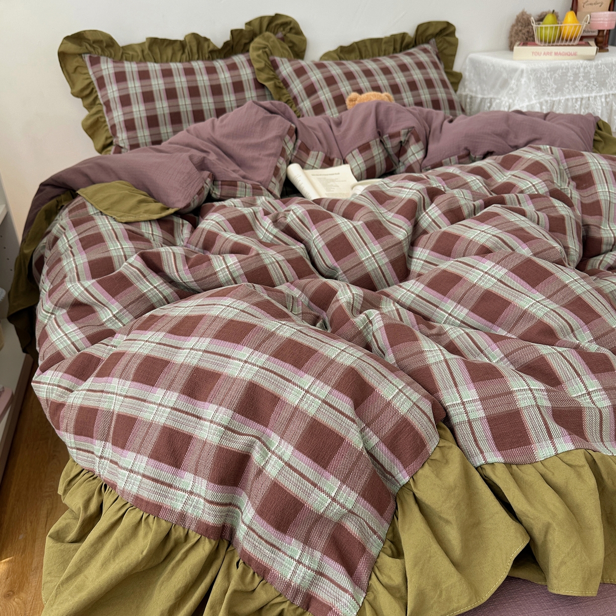 91家纺网 家纺一手货源 找家纺 顾里家纺 2025新款韩系ins复古大花边格纹套件四件套 星河漫野