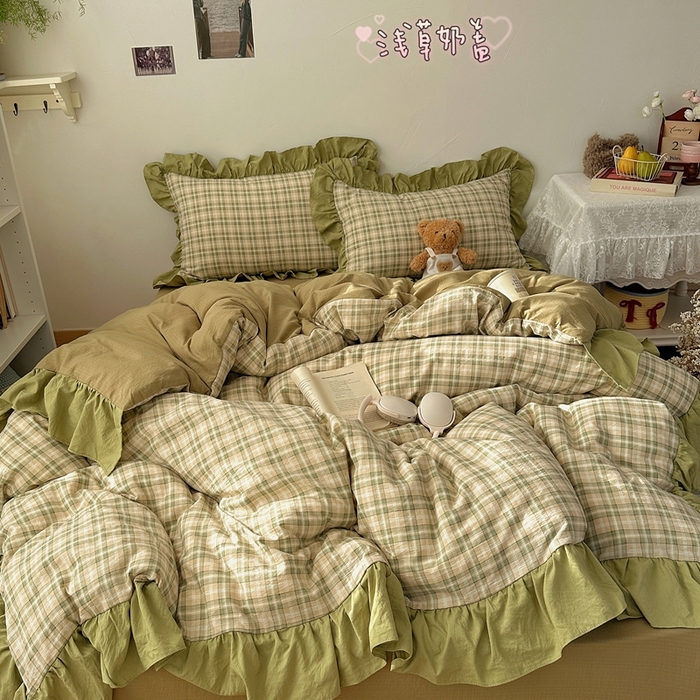 顾里家纺 2025新款韩系ins复古大花边格纹套件四件套 浅草奶盖