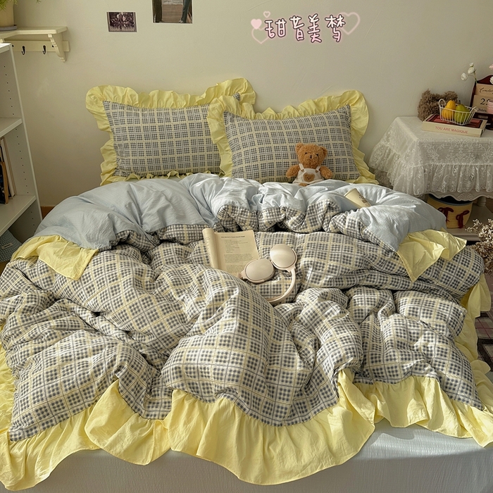 顾里家纺 2025新款韩系ins复古大花边格纹套件四件套 甜昔美梦