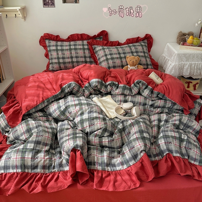 顾里家纺 2025新款韩系ins复古大花边格纹套件四件套 红莓糖霜