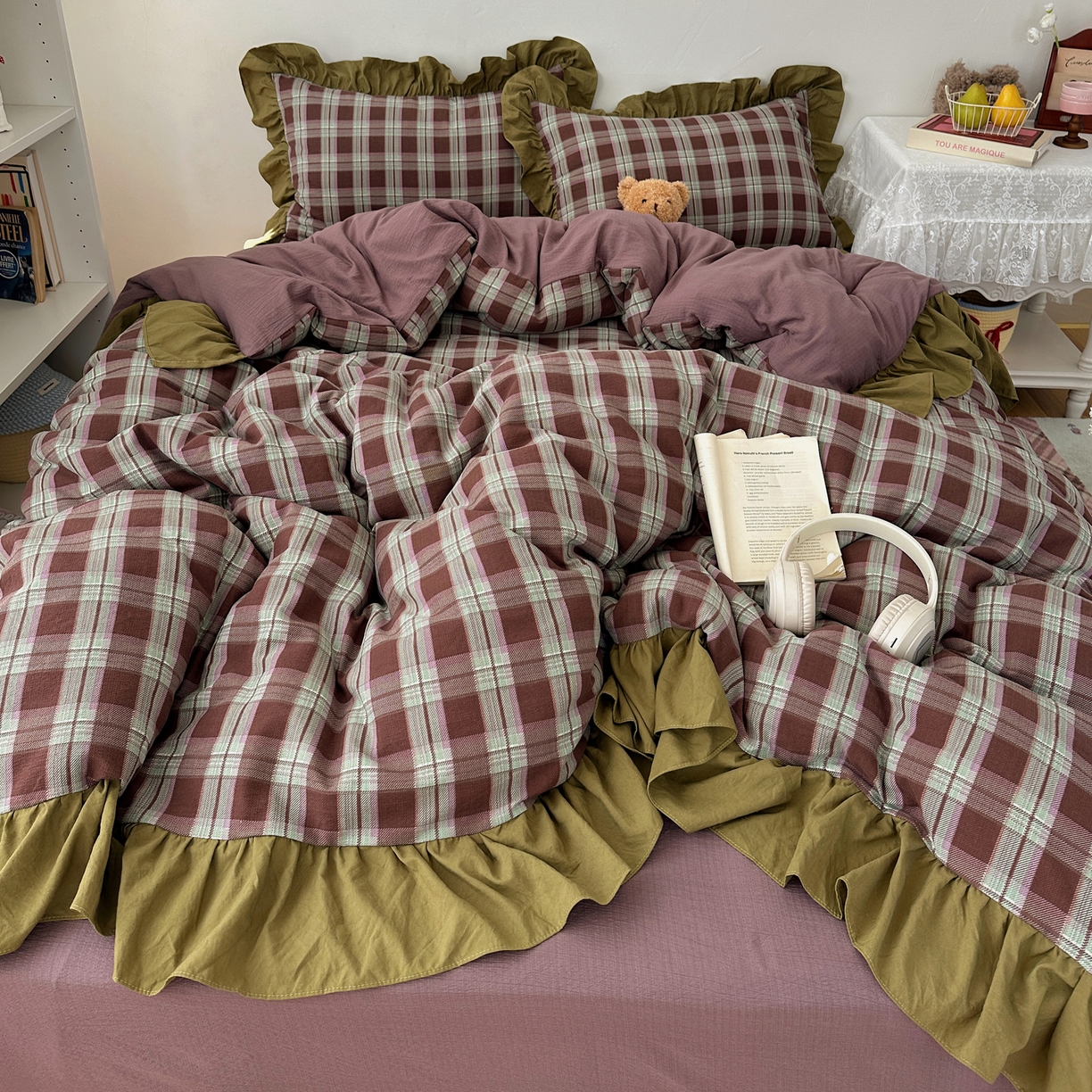 91家纺网 家纺一手货源 找家纺 顾里家纺 2025新款韩系ins复古大花边格纹套件四件套 星河漫野