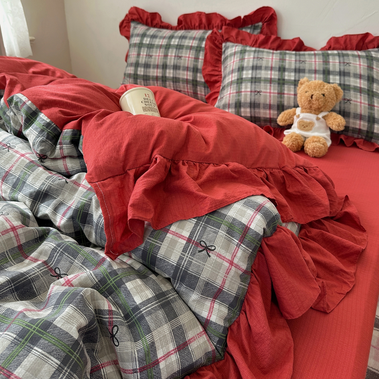 91家纺网 家纺一手货源 找家纺 顾里家纺 2025新款韩系ins复古大花边格纹套件四件套 红莓糖霜