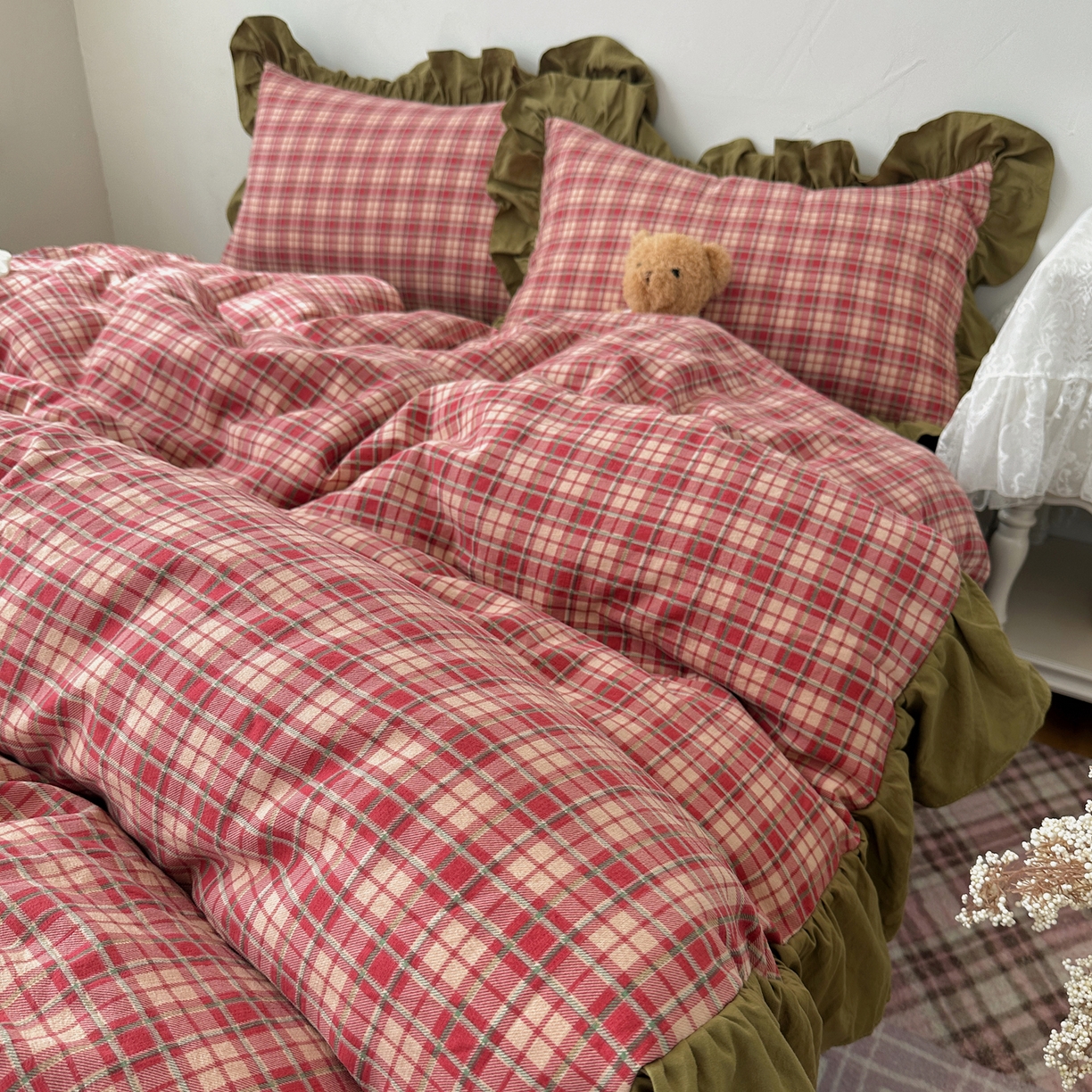 91家纺网 家纺一手货源 找家纺 （总）顾里家纺 2025新款韩系ins复古大花边格纹套件四件套