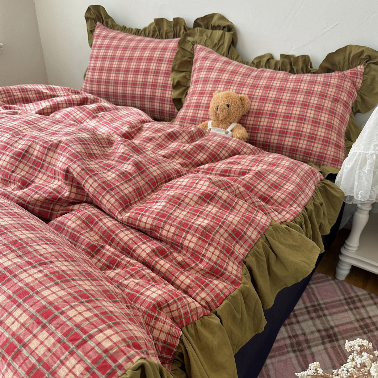 91家纺网 家纺一手货源 找家纺 （总）顾里家纺 2025新款韩系ins复古大花边格纹套件四件套