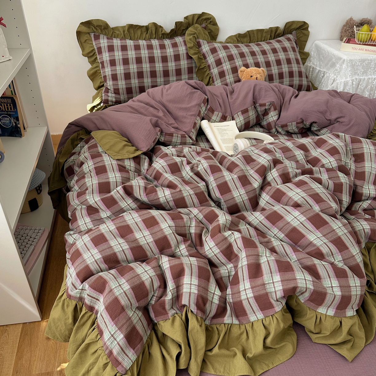 91家纺网 家纺一手货源 找家纺 顾里家纺 2025新款韩系ins复古大花边格纹套件四件套 星河漫野