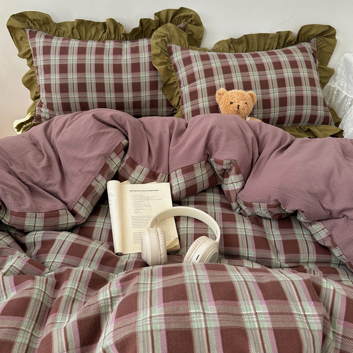 91家纺网 家纺一手货源 找家纺 顾里家纺 2025新款韩系ins复古大花边格纹套件四件套 星河漫野