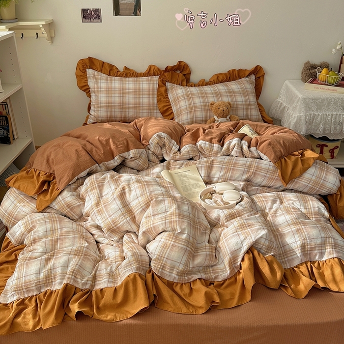 顾里家纺 2025新款韩系ins复古大花边格纹套件四件套 安吉小姐