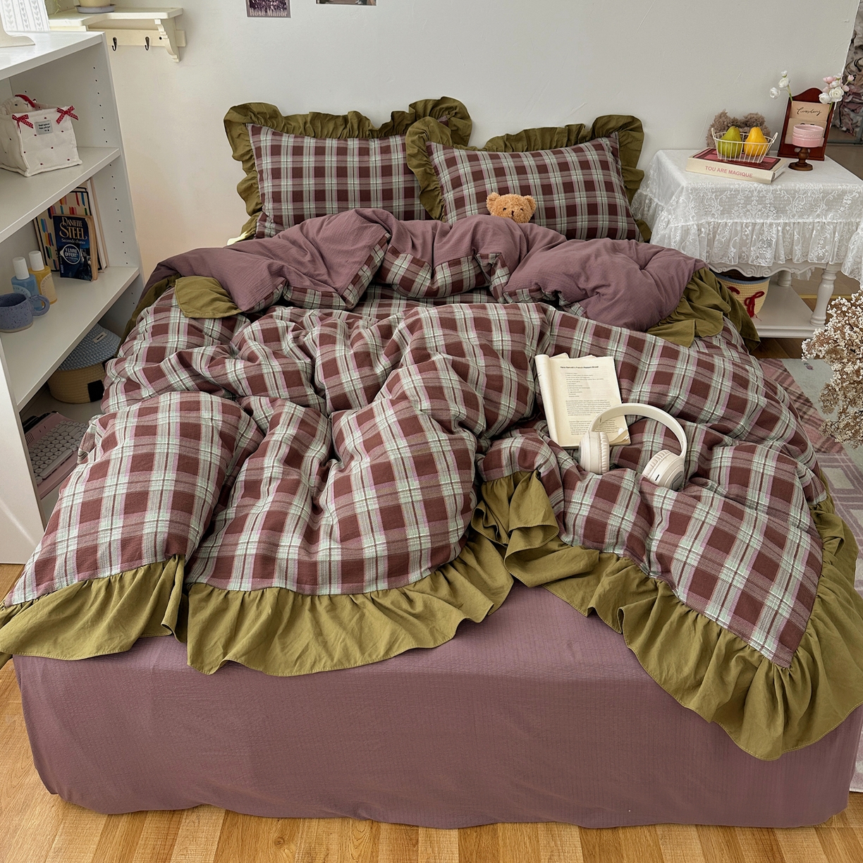 91家纺网 家纺一手货源 找家纺 顾里家纺 2025新款韩系ins复古大花边格纹套件四件套 星河漫野