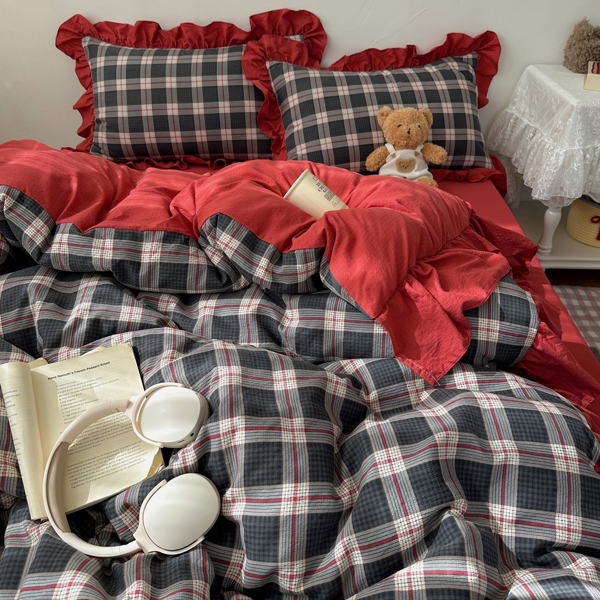 91家纺网 家纺一手货源 找家纺 顾里家纺 2025新款韩系ins复古大花边格纹套件四件套 爱莉诗