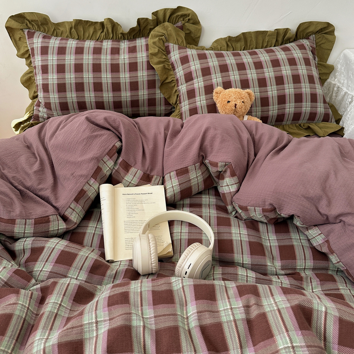 91家纺网 家纺一手货源 找家纺 顾里家纺 2025新款韩系ins复古大花边格纹套件四件套 星河漫野