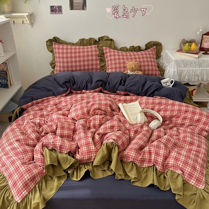 91家纺网 家纺一手货源 找家纺 顾里家纺 2025新款韩系ins复古大花边格纹套件四件套 爱岛少女