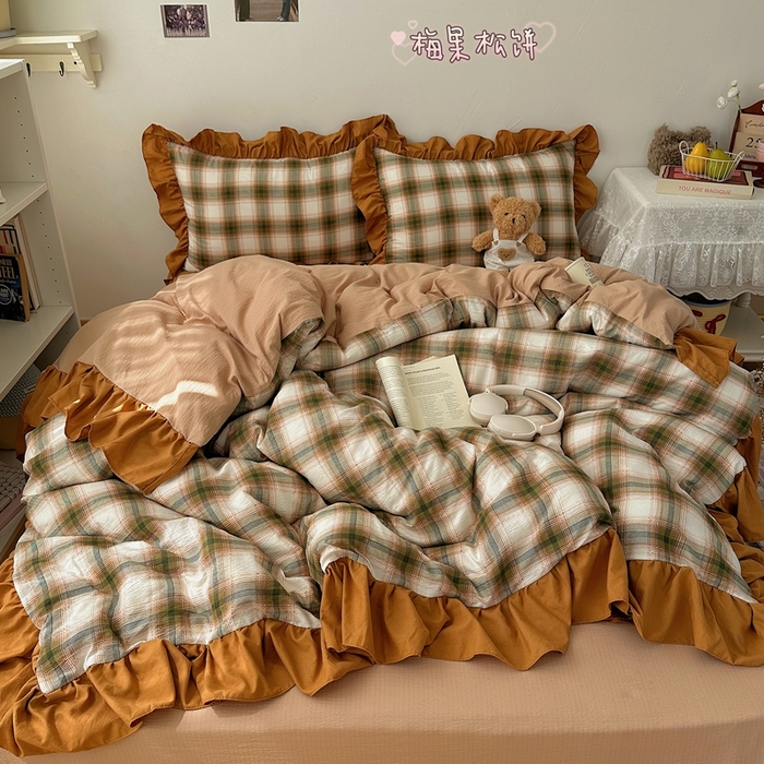 顾里家纺 2025新款韩系ins复古大花边格纹套件四件套 梅果松饼