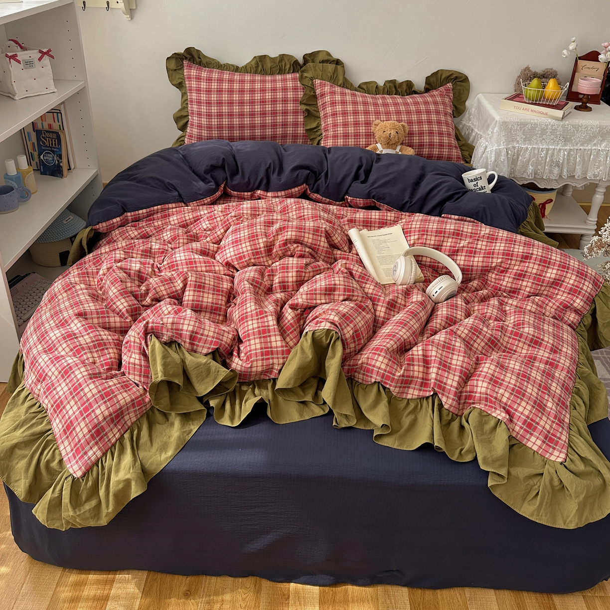 91家纺网 家纺一手货源 找家纺 （总）顾里家纺 2025新款韩系ins复古大花边格纹套件四件套