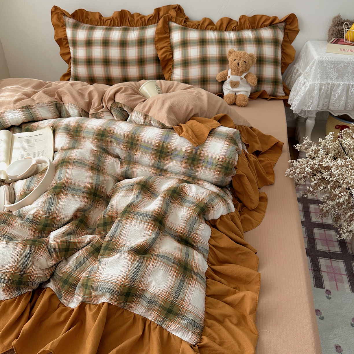 91家纺网 家纺一手货源 找家纺 顾里家纺 2025新款韩系ins复古大花边格纹套件四件套 梅果松饼