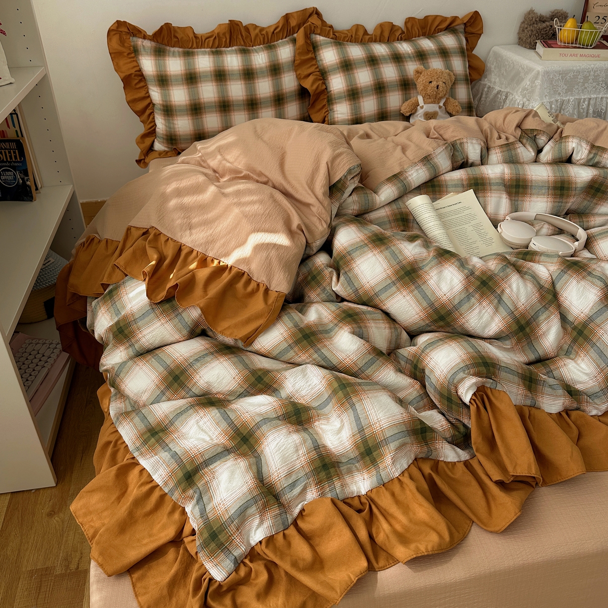 91家纺网 家纺一手货源 找家纺 顾里家纺 2025新款韩系ins复古大花边格纹套件四件套 梅果松饼