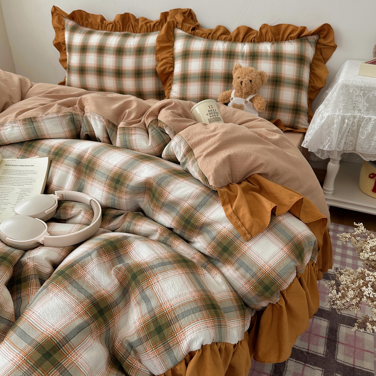 91家纺网 家纺一手货源 找家纺 顾里家纺 2025新款韩系ins复古大花边格纹套件四件套 梅果松饼