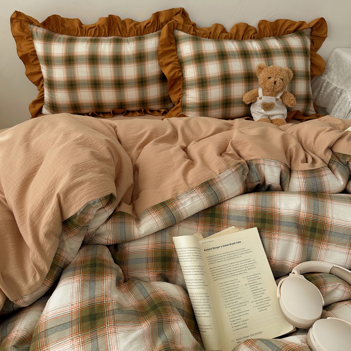 91家纺网 家纺一手货源 找家纺 顾里家纺 2025新款韩系ins复古大花边格纹套件四件套 梅果松饼