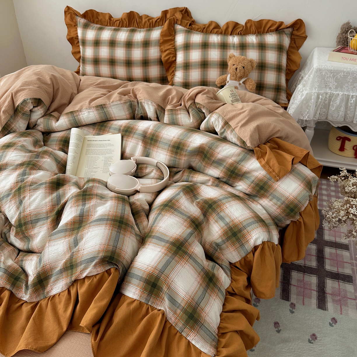 91家纺网 家纺一手货源 找家纺 顾里家纺 2025新款韩系ins复古大花边格纹套件四件套 梅果松饼