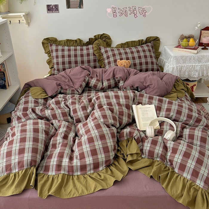 91家纺网 家纺一手货源 找家纺 顾里家纺 2025新款韩系ins复古大花边格纹套件四件套 星河漫野