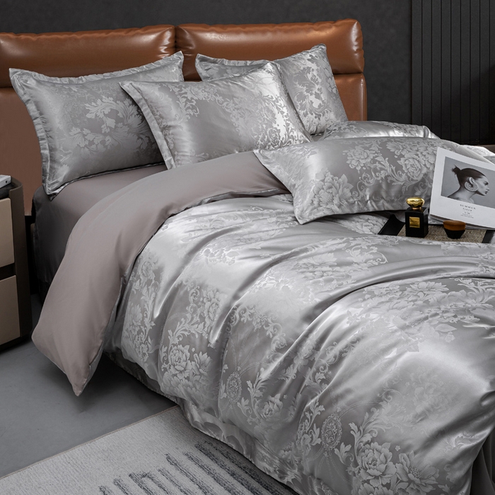 91家纺网 家纺一手货源 找家纺 红日子纺织品 2025新款简约贡缎提花四件套 暮光灰