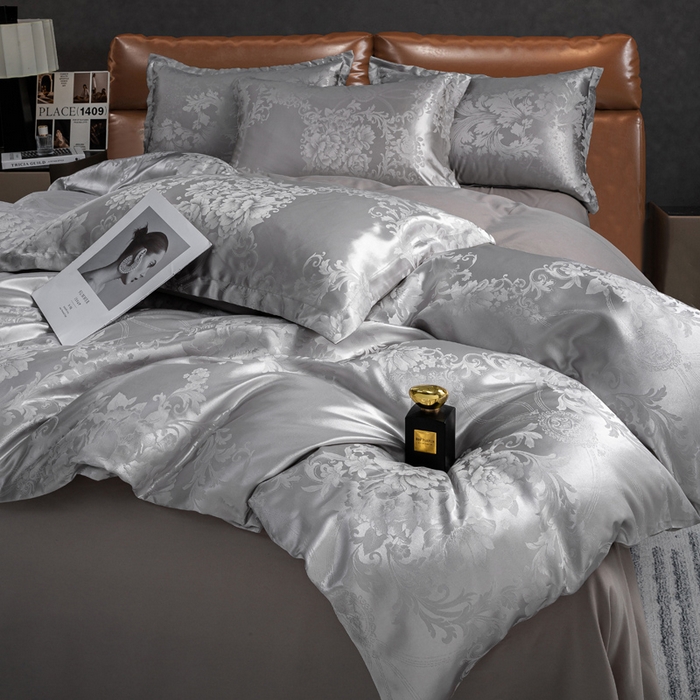 91家纺网 家纺一手货源 找家纺 红日子纺织品 2025新款简约贡缎提花四件套 暮光灰