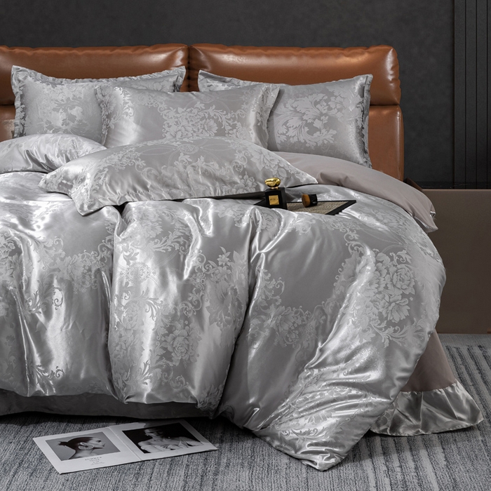 91家纺网 家纺一手货源 找家纺 红日子纺织品 2025新款简约贡缎提花四件套 暮光灰