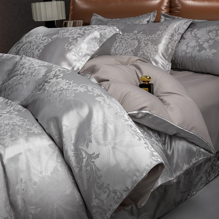 91家纺网 家纺一手货源 找家纺 红日子纺织品 2025新款简约贡缎提花四件套 暮光灰