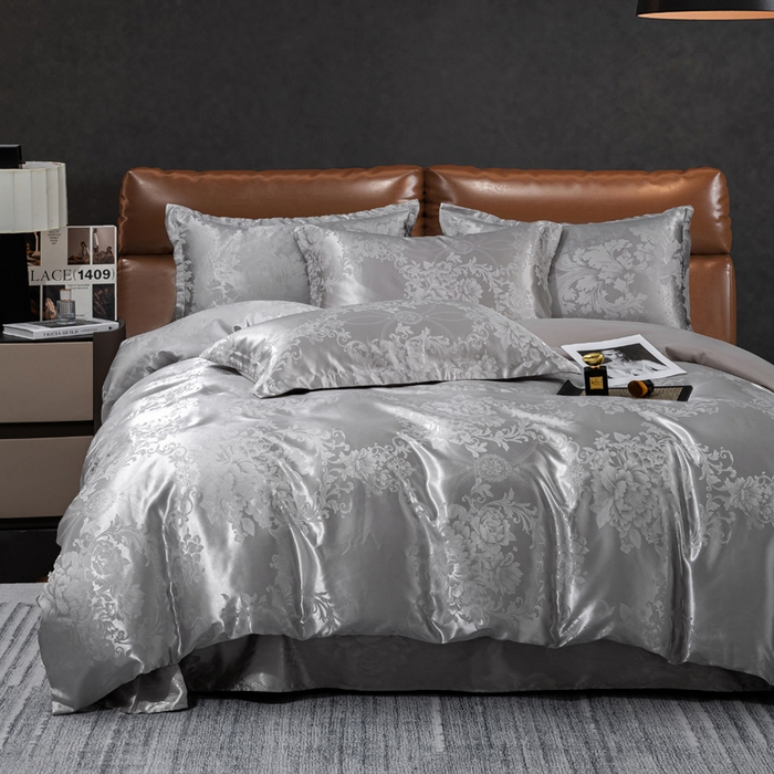 91家纺网 家纺一手货源 找家纺 红日子纺织品 2025新款简约贡缎提花四件套 暮光灰