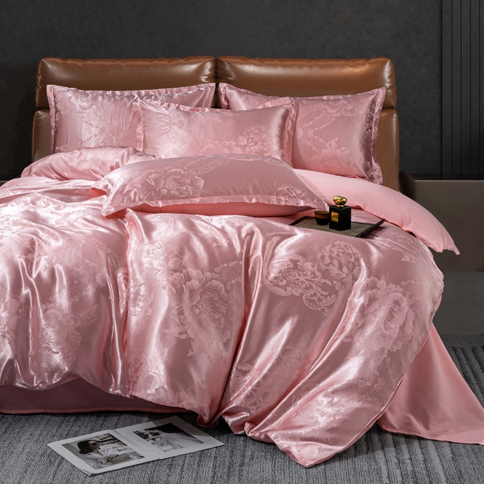 91家纺网 家纺一手货源 找家纺 红日子纺织品 2025新款简约贡缎提花四件套 花香娇媚