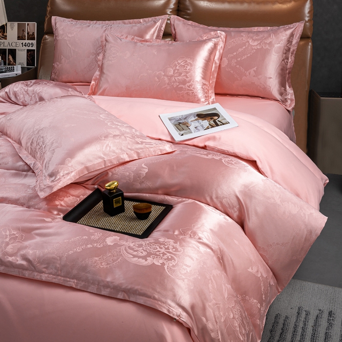 91家纺网 家纺一手货源 找家纺 红日子纺织品 2025新款简约贡缎提花四件套 花香娇媚