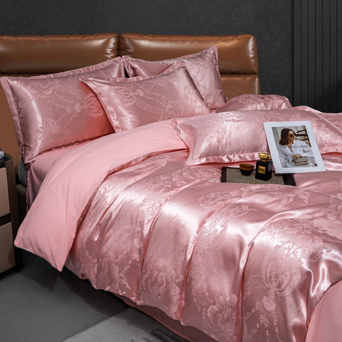 91家纺网 家纺一手货源 找家纺 红日子纺织品 2025新款简约贡缎提花四件套 花香娇媚