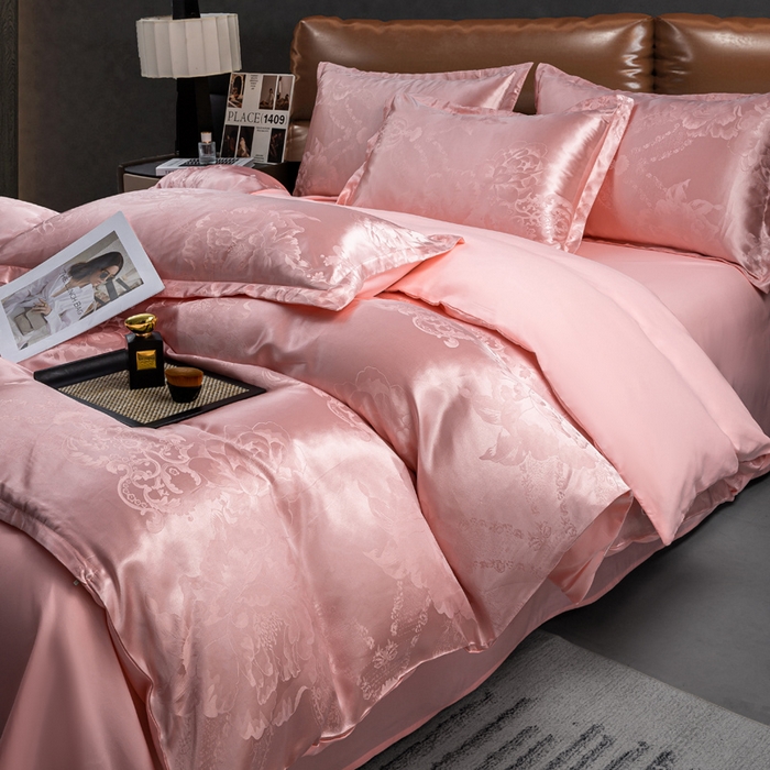 91家纺网 家纺一手货源 找家纺 红日子纺织品 2025新款简约贡缎提花四件套 花香娇媚