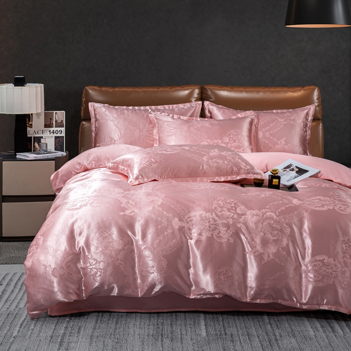 91家纺网 家纺一手货源 找家纺 红日子纺织品 2025新款简约贡缎提花四件套 花香娇媚