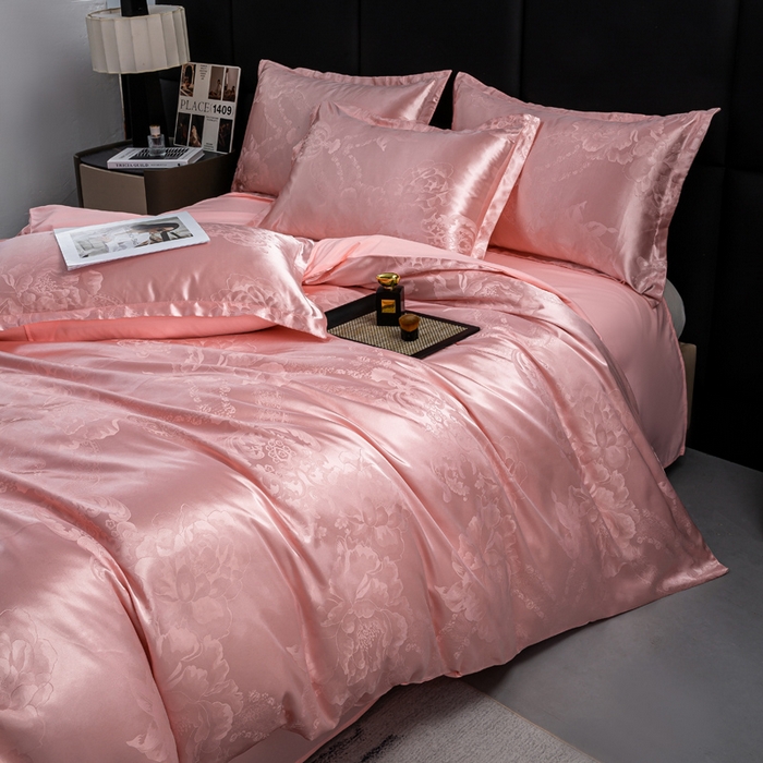 91家纺网 家纺一手货源 找家纺 红日子纺织品 2025新款简约贡缎提花四件套 花香娇媚